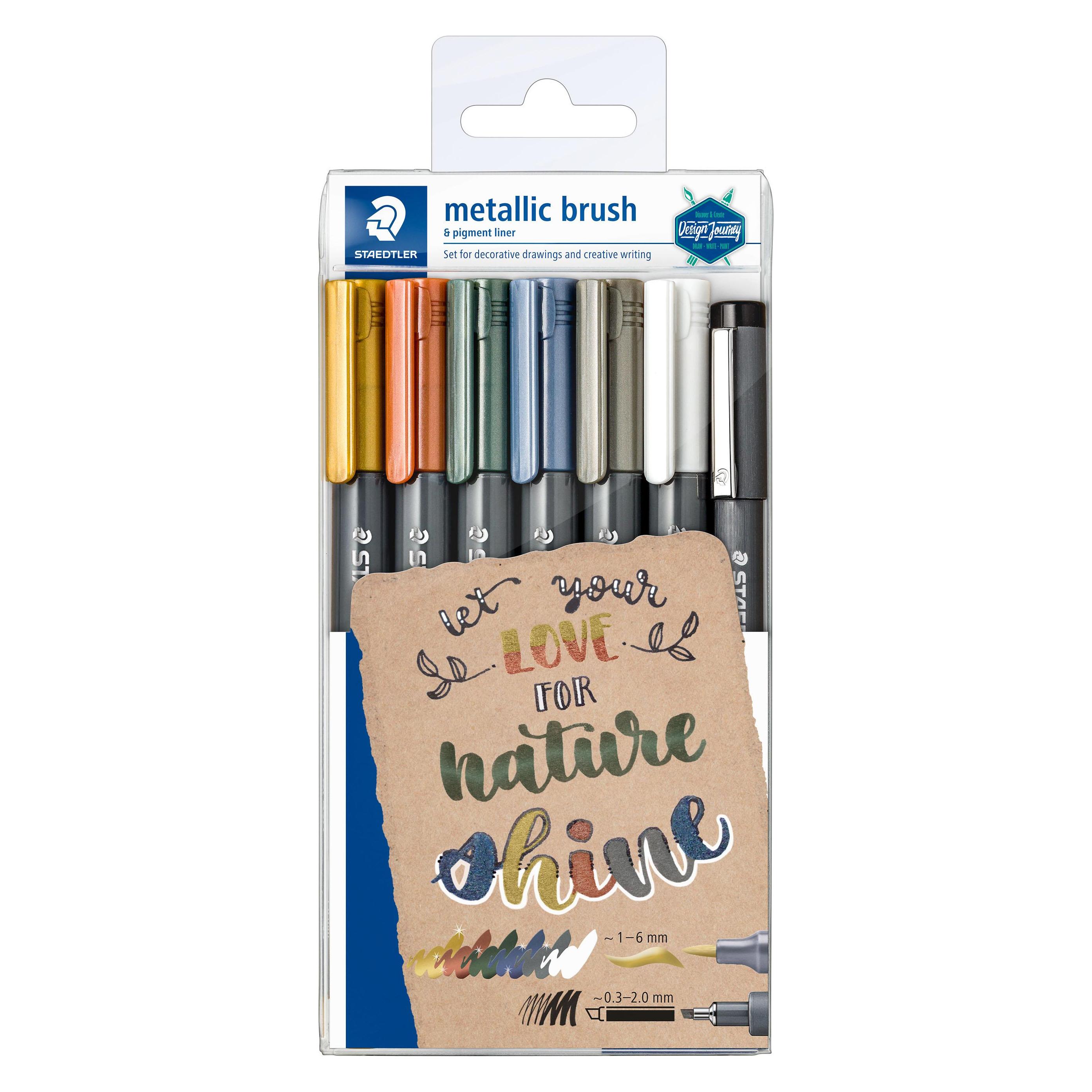 Staedtler 8321, Etui Mit 6 Metallic Brush In Sortierten Farben & 1 Pigment Liner 308 -9 (6x) (8321 TB7)