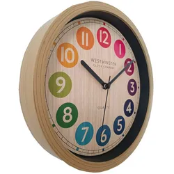 Wanduhr Uhr Küchenuhr Analog Batteriebetrieben Holzoptik bunte Ziffern D 22 cm