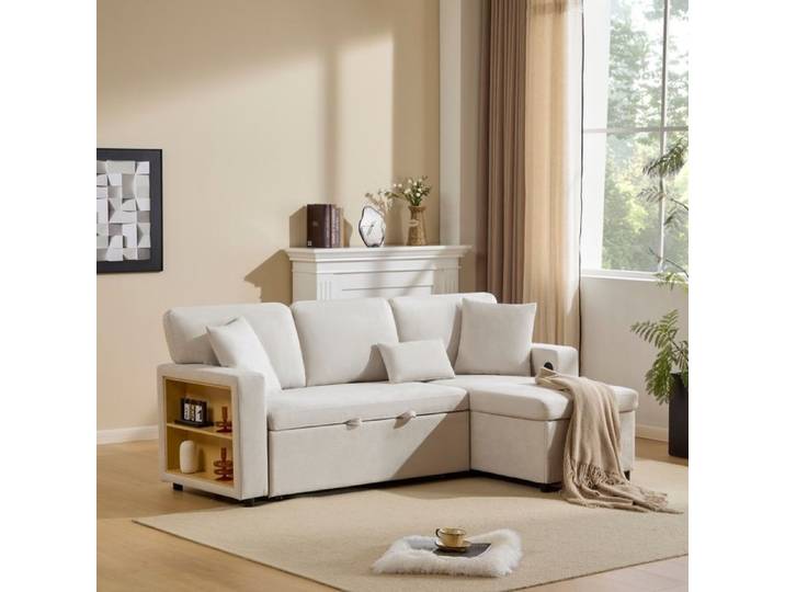 Bladez - Canapé d'angle convertible 4 places avec rangement intégré étagère latérale et USB – Beige