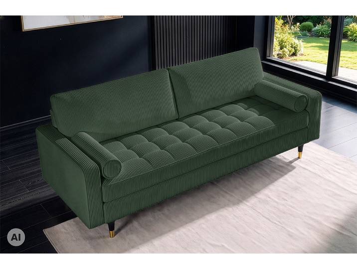 3er Sofa COZY VELVET 220cm grün Cord schwarze Füße mit goldener Kappe Wohnzimmer Modern & Design