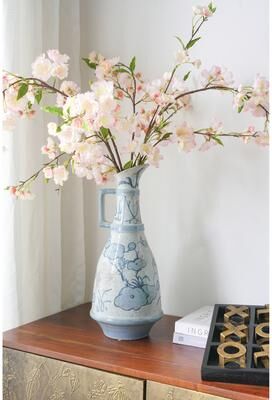 Kodotan sofa "7x7x16.5"" Tall Blue and White Ceramic Pitcher Vase with Abstract Floral Pattern"