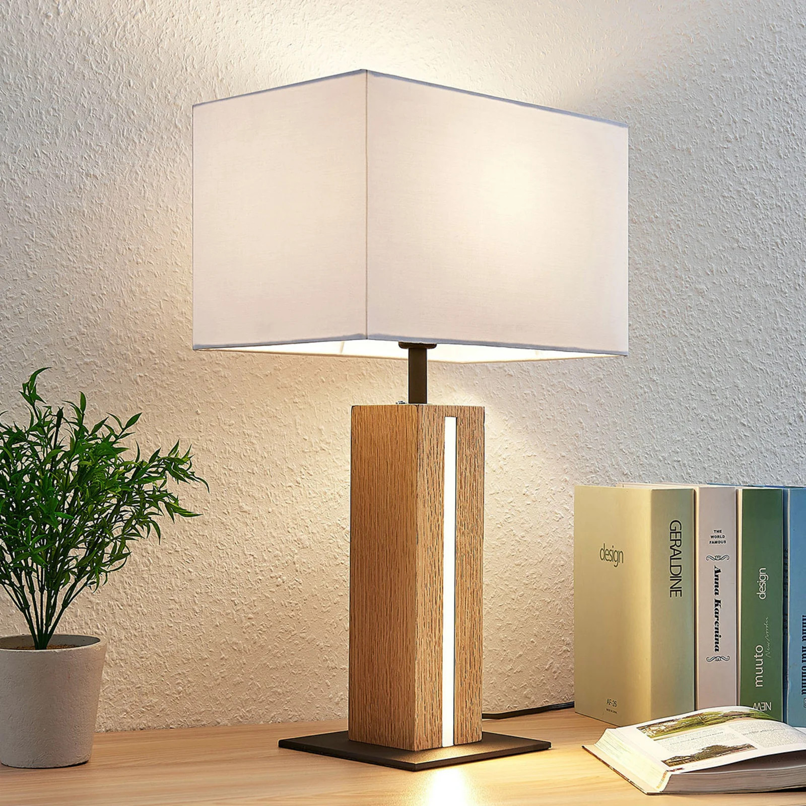 Lindby Garry Square Tafellamp - Wit/Hout - Modern - Dimbaar - Textiel