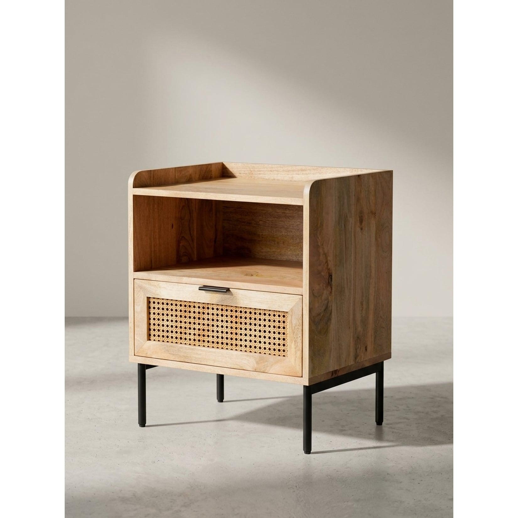 Nachttisch – Mango Massivholz/Rattan, 50x60x40 cm, 1 Schublade, Wiener Geflecht