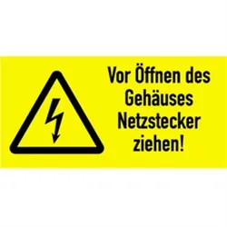 Aufkleber Vor Öffnen des Gehäuses Netzstecker ziehen!, Kombischild, Folie, 74x37 mm
