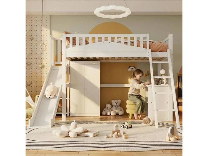 Lit mezzanine enfant - KOMHTOM - 90x200 - Toboggan - Bureau intégré - Armoire & étagères