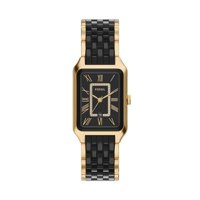 Quarzuhr FOSSIL "Raquel", gold (schwarz, gelbgoldfarben), Armbanduhren, Damen, Quarzuhr, Armbanduhr, analog, Tag, Glassteine