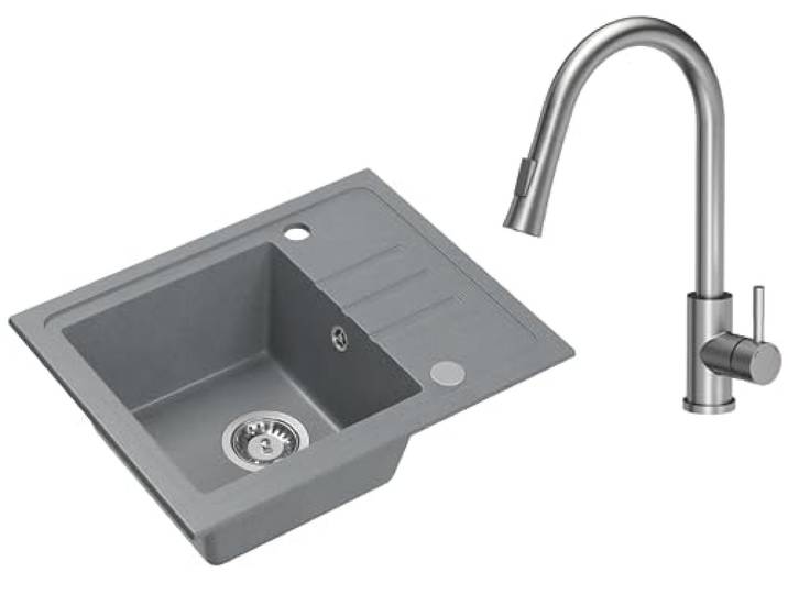 VBChome Spülbecken Granit Grau mit Inox Armatur 55 x 44 cm Einzelbecken Einbauspüle Gesprenkelt Reversibel Granitspüle Siphon