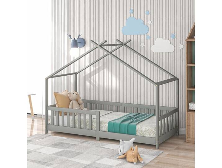Lit enfant cabane gris clair 90×200 cm avec sommier inclus barrière anti-chute structure solide