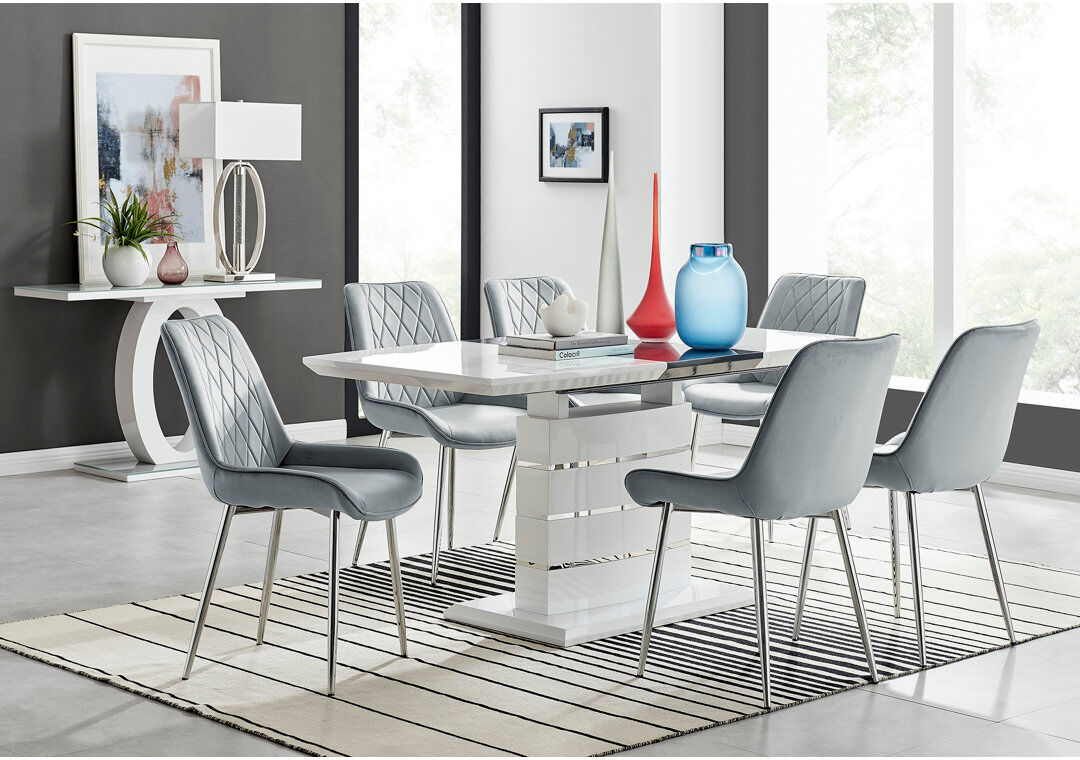 Canora Grey Renne Modern High Gloss Extendable Dining Table Set With 6 Luxury Velvet Dining Chairs Grey/Silver
