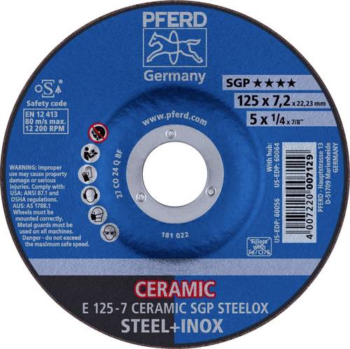 PFERD TOOLS 62212300 E 125-7 CERAMIC SGP STEELOX Schruppscheibe gekröpft Durchmesser 125mm Bohrungs-Ø 22.23mm Edelstahl, Stahl