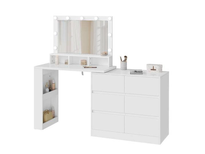 WOLTU Coiffeuse LED Blanc - Miroir Luminosité Réglable + 6 Tiroirs et Étagère 2 Niveaux - Organisation Multizone