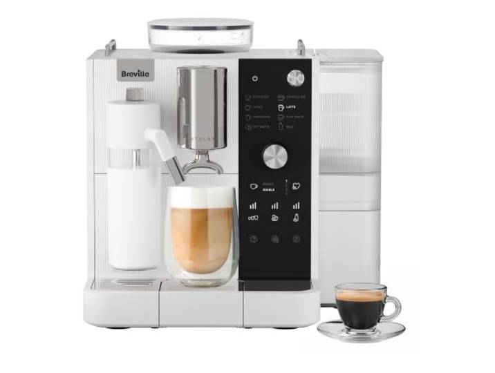 Breville Prima Latte AutoLuxe Espressomaschine, Weiß Kaffeemaschine mit Mahlwerk, Kaffeemühle mit zwei Bohnenbehältern, Milchaufschäumer, 12 Getränke-Voreinstellungen