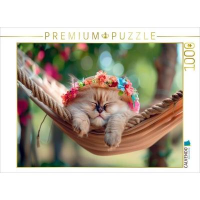 CALVENDO Puzzle Katzenbaby - Kleines Blumenkind faul in der Hängematte | 1000 Teile Lege-Größe 64x48cm Foto-Puzzle für glückliche Stunden, von ,