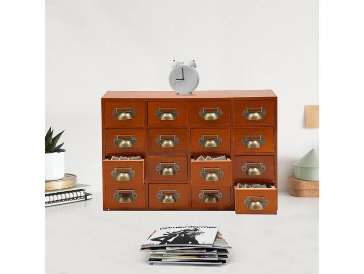 Mini commode à 4 tiroirs, armoire de rangement en bois massif de qualité supérieure, organisateur vintage à 16 compartiments, mini armoire de pharmacie marron