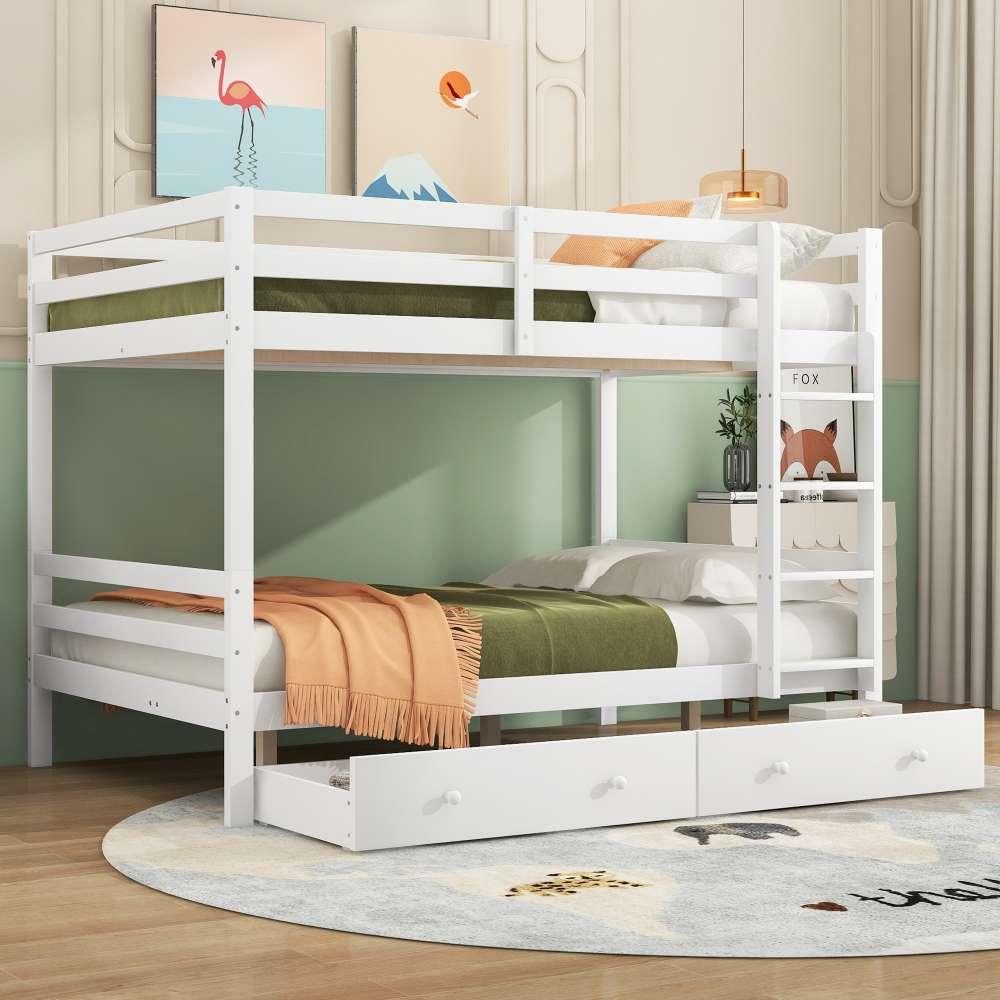 Praktisches Kinder-Etagenbett mit Schubladen, großzügigem Stauraum und hohen Sicherheitsgeländern - robust und platzsparend - 140 * 200cm Weiß