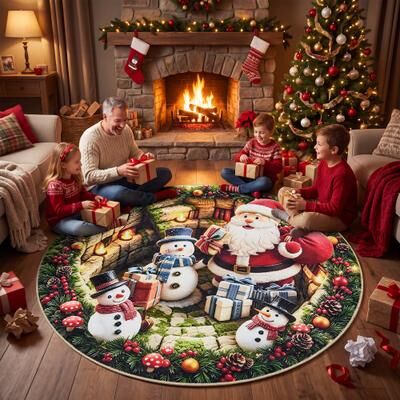Garvee Christmas Round Santa Claus Snowman Area Rug