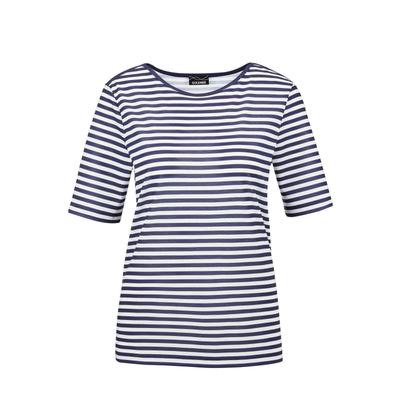 Kurzarmshirt GOLDNER "Stilvolles Streifenshirt für Damen", Damen, Gr. 44, blau (marine, weiß, geringelt), Obermaterial: 92% Viskose CV. 8% Elasthan EL., gerade, U-Boot-Ausschnitt, Gerade, Shirts, Blende