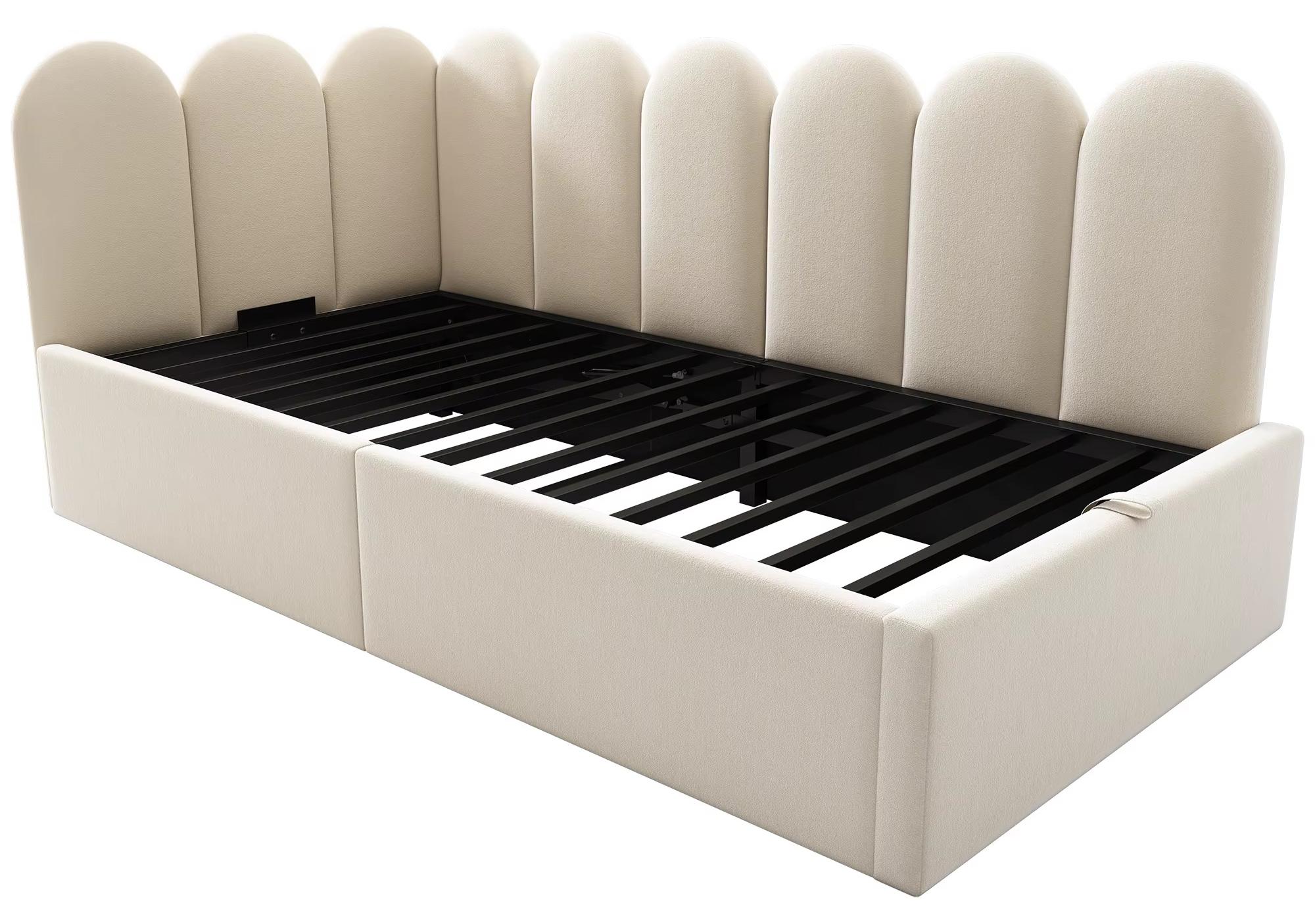 Daybed - Schlafsofa - 90 x 190 cm - Hydraulischer Bettkasten - Metall-Lattenrost - Samt - Beige - Ohne Matratze