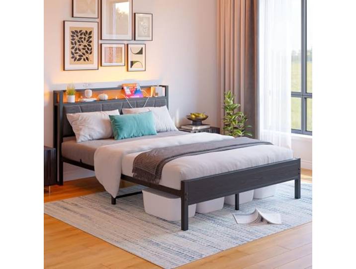 Ball & Cast Metallbett (140x200 cm) mit Beleuchtung und USB, Schwarz Bettgestell mit Kopfteil, ohne Matratze. Stabiles, geräuscharmes Gestell. Einfache Montage. Für Schlafzimmer & Jugendzimmer.