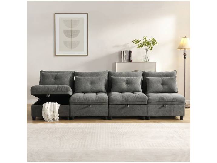 WOVREO Canapé modulable 4 places convertible avec rangement sous assise chenille gris antique