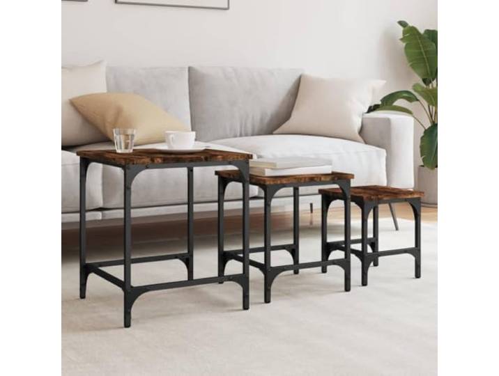 HEFZGDB 3er-Set Nesting Couchtische aus Räuchereiche Holzwerkstoff mit Metallrahmen, stabile Beistelltische für Wohnzimmer und Büro, platzsparendes Möbelstück