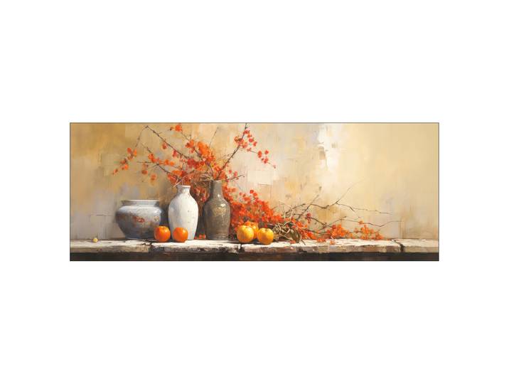 Tableau Nature morte murale II Cadre : panneau de fibres de bois MDF Revêtement : toile Orange/Beige/Marron 77 x 27 x 2cm