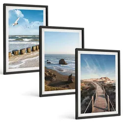 BILDER SET 3er Set - 40x60 cm Schwarzer Rahmen - Strandwellen, Himmelsbrücke, Spaziergang