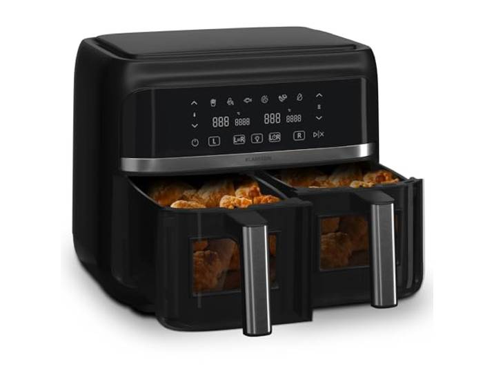 Klarstein Heißluftfritteuse, Airfryer mit 2 Kammern, 1850W Kompakte Heißluftfritteuse, 7,6L Luft-Friteuse mit Touch-Bedienfeld, Timer, Vorheizen, 6 Modi, Große Heissluftfriteuse, Air Fryer XL
