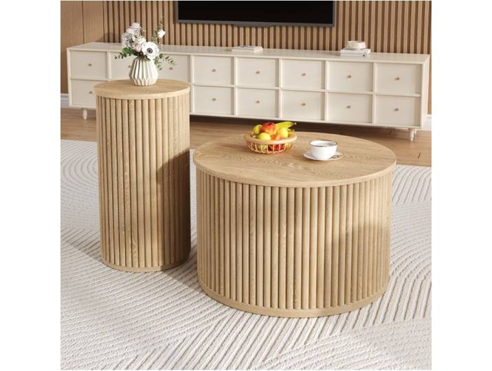 Table basse ronde lot de 2 AESVAR en MDF bois naturel style moderne modulable salon