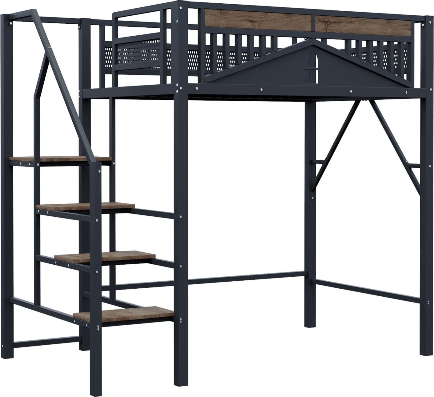 Metall-Hochbett(140 x 200cm,Schwarz)Einzigartige Gehäuseform mit Fensterdesign, Mit Sicherheitsleiter, Viel Stauraum Unter Dem Bett