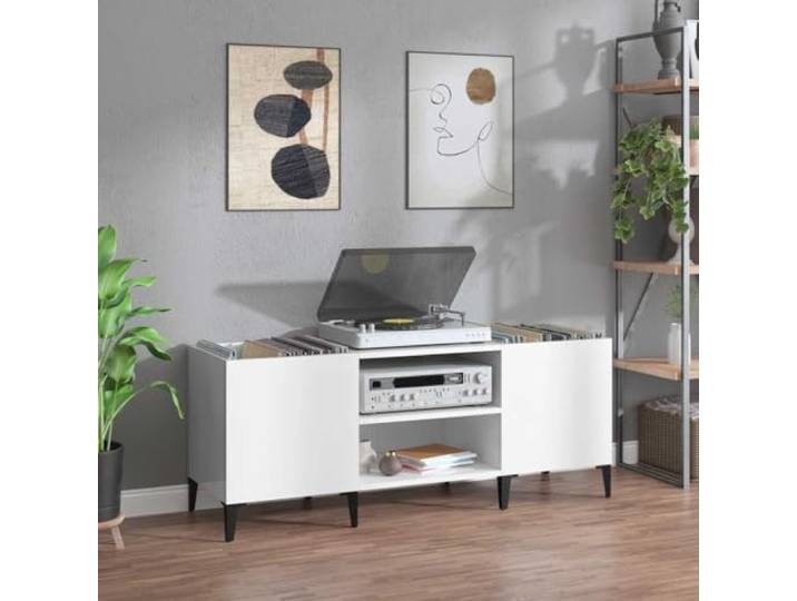 smnyxs Plattenschrank, weiß, glänzend, 121 x 38 x 48 cm, Holz Plattenspieler-Schrank, LP-Aufbewahrung, TV-Schrank, Seitenschrank, Schreibtischablage, Metallbeine, Industriestil
