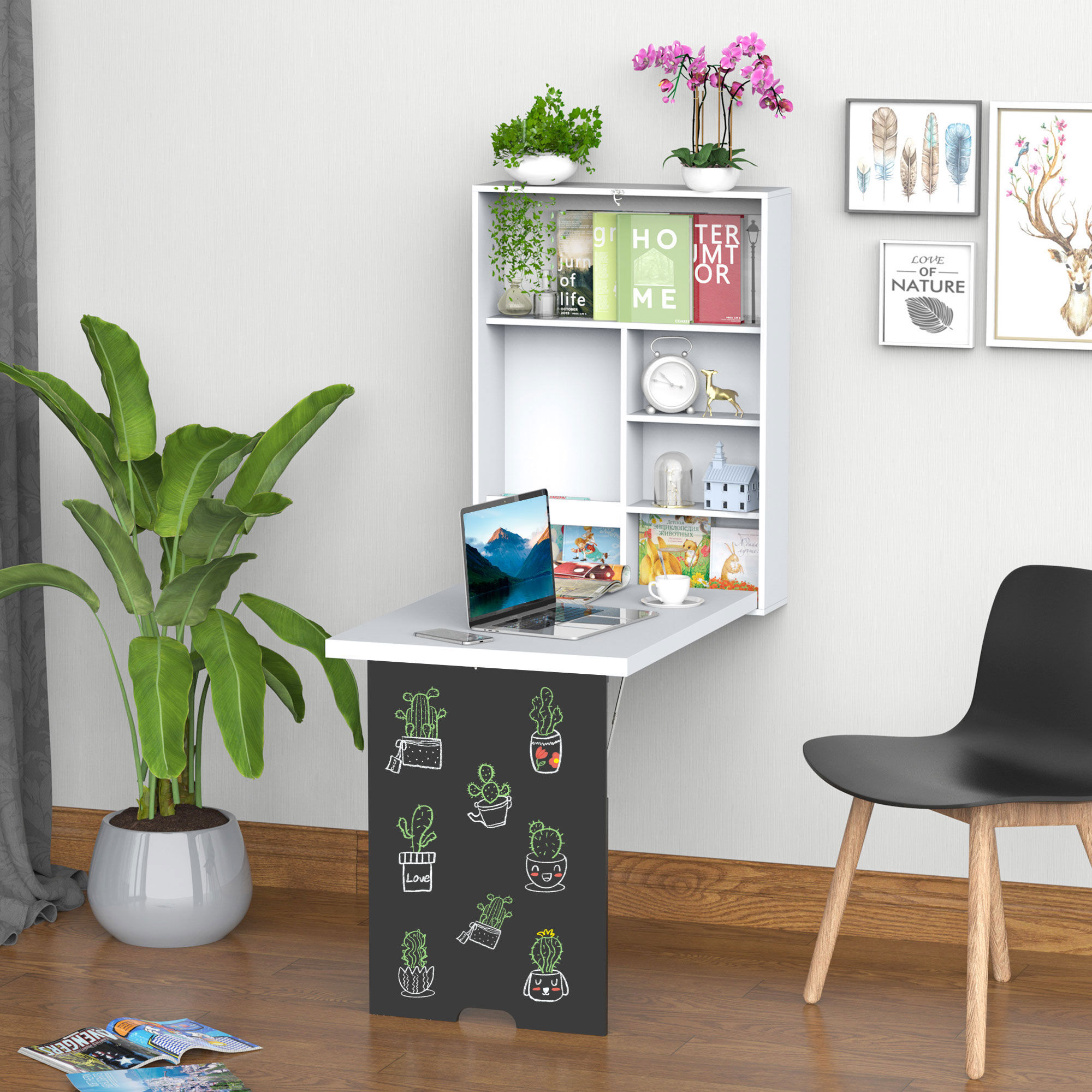 Altro Tavolo Scrivania Pieghevole A Muro Con Lavagna, 60x94.5x147cm, Bianco E Nero