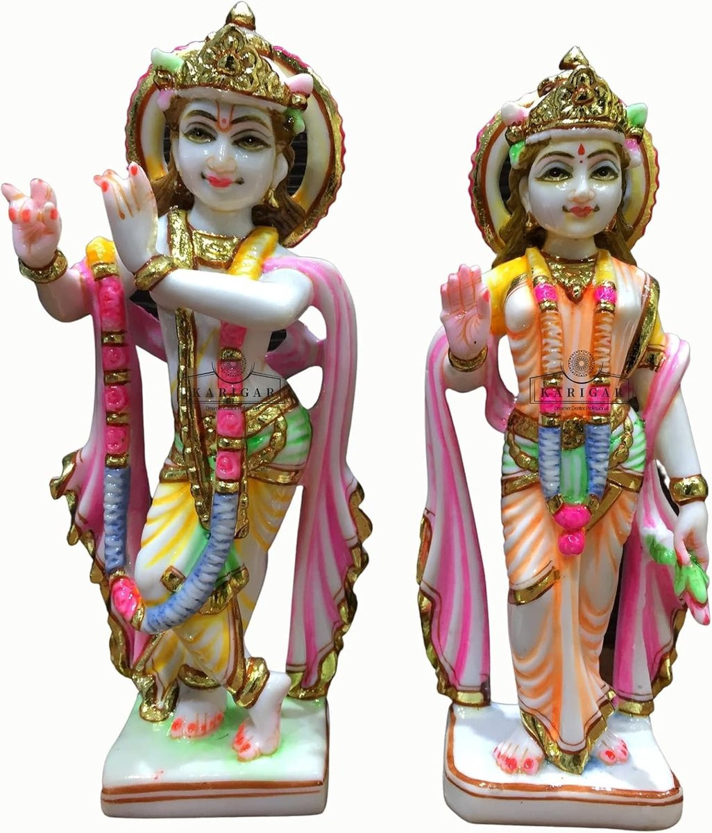 Handgeschilderd Marmer Radha Krishna Standbeeld Multicolor - 17,8 cm