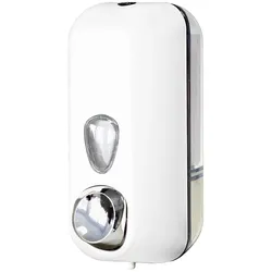 Seifenspender 550 ml Kunststoff weiß mit Druckknopf und Sichtfenster