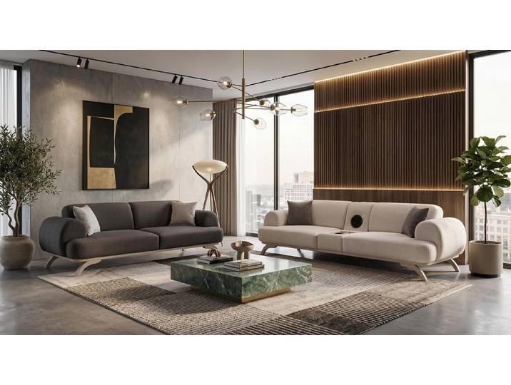 Xlmoebel Polstergarnitur Beige-graues Wohnzimmer-Set Sofas Stoffsofas Multimedia Modul, (2-tlg., 3-2)