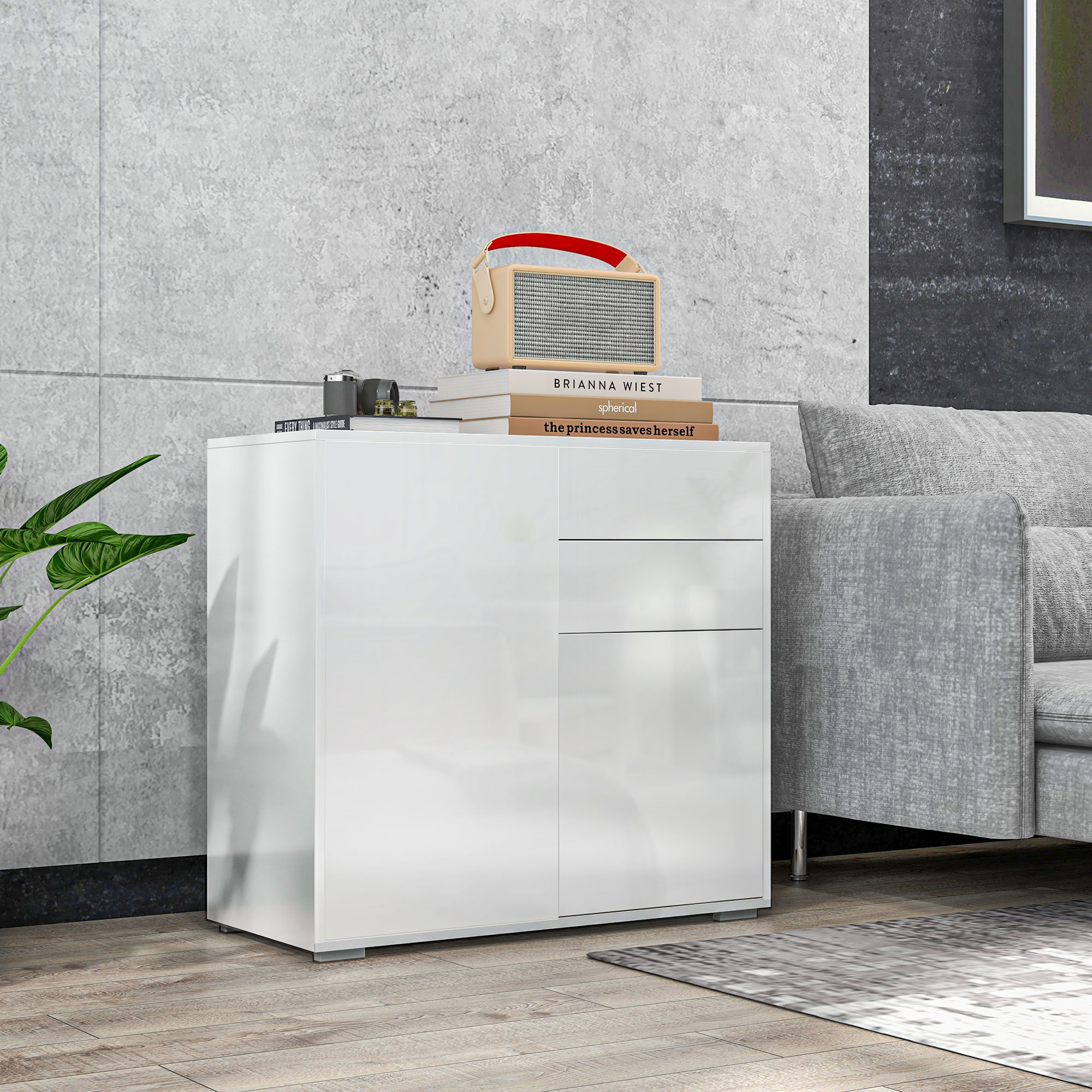Homcom Credenza Moderna con 2 Armadietti e 2 Cassetti con Apertura a Pressione, 79x36x74cm, Bianco Lucido