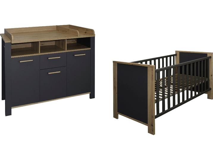 Babymöbel-Set MÄUSBACHER Tom , schwarz (anthrazit matt, asteiche), Wiko/Bett, B/H: 70cm x 140cm, Wiko/Bett, Holzwerkstoff, Schlafzimmermöbel-Sets, Babymöbel-Set