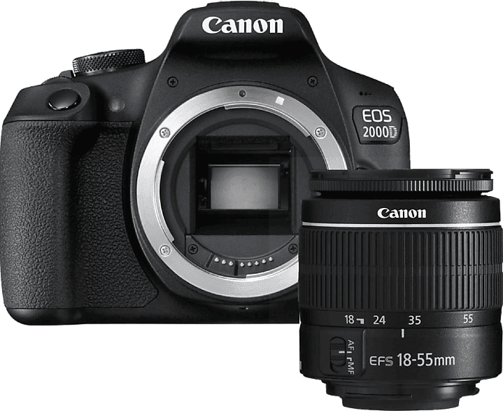 Kit cámara réflex - Canon EOS 2000D, 24.1 MP CMOS APS-C, Vídeo Full HD, Negro + Objetivo EF-S 18-55 mm f/3.5-5.6 DC III