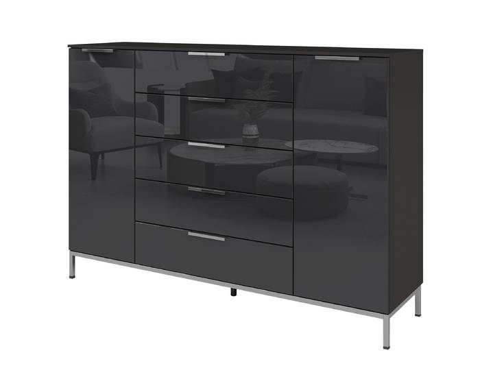 Buffet Flipp Verre avec structure 111 cm 160cm Noir/Noir/Argenté