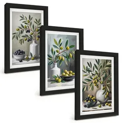 BILDER SET 3er Set - 20x30 cm Schwarzer Rahmen - Keramik olivgrau