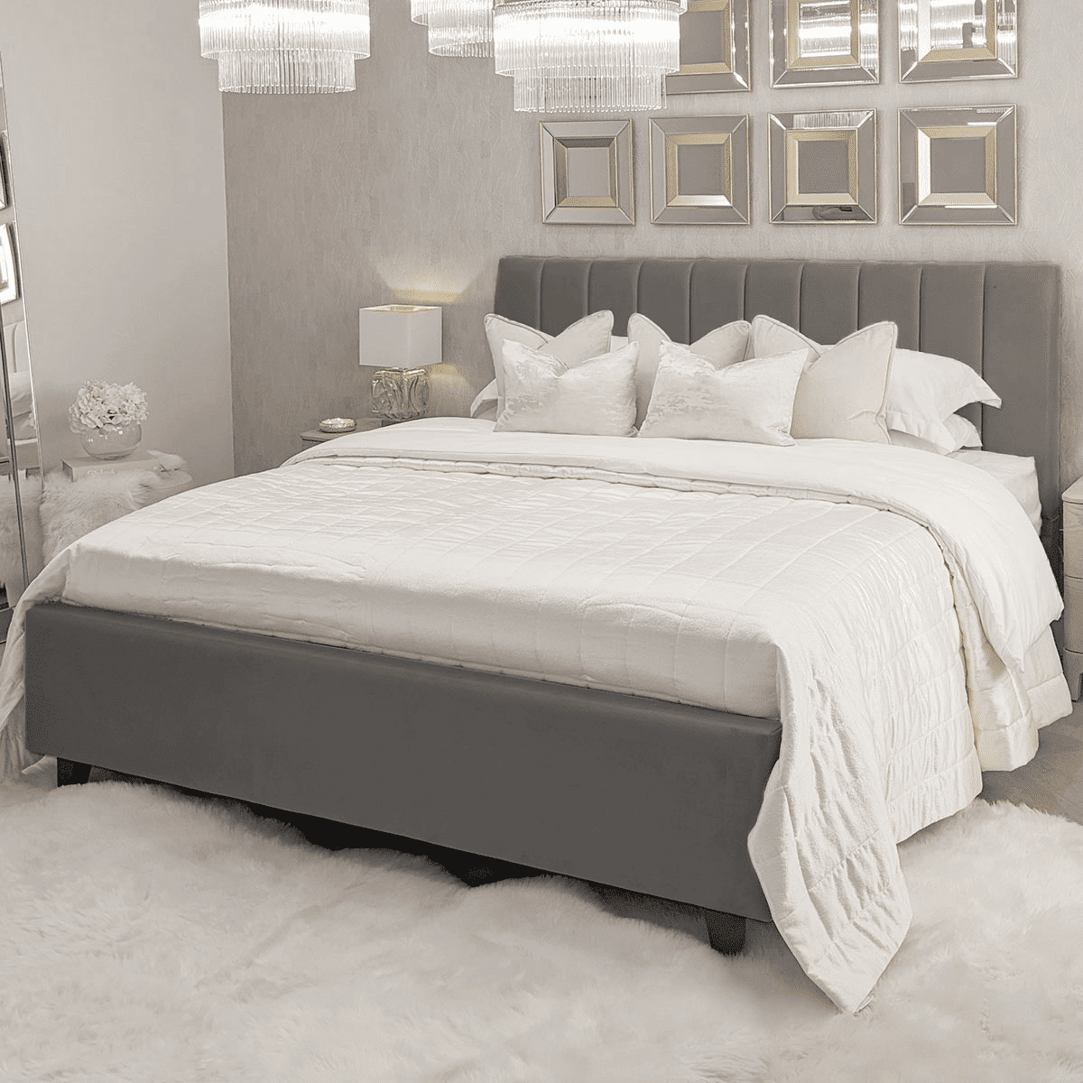 Jessabelle Luxury Grey Velvet Panelled Bed, Double