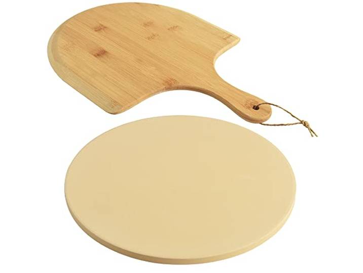 homEdge Pizzastein-Set, robuster runder Cordierit-Backstein für Brot, Pizza, thermisch schockbeständiger Kochstein mit Bambus-Pizzaschaufel für Ofen und Grill, 30,5 cm (Durchmesser)