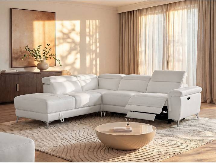Relaxsofa Ecksofa Leder elektrisch - Ecke Links - Elfenbein - PASCALINE
