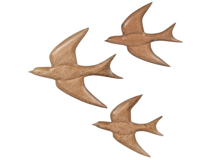 Wanddekorationen aus braunem, geschnitztem Mangoholz, Schwalben (3 Stück)