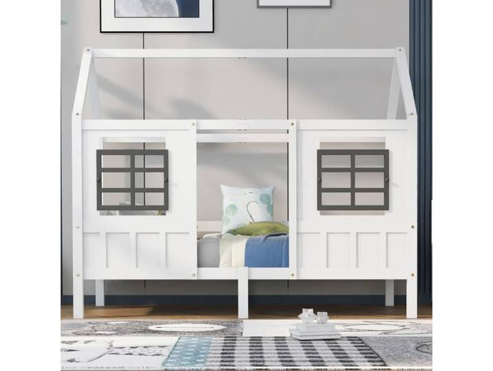 Lit cabane enfant - GENERIQUE - Lit Maison 90x200 - 2 fenêtres - pin+MDF - Blanc