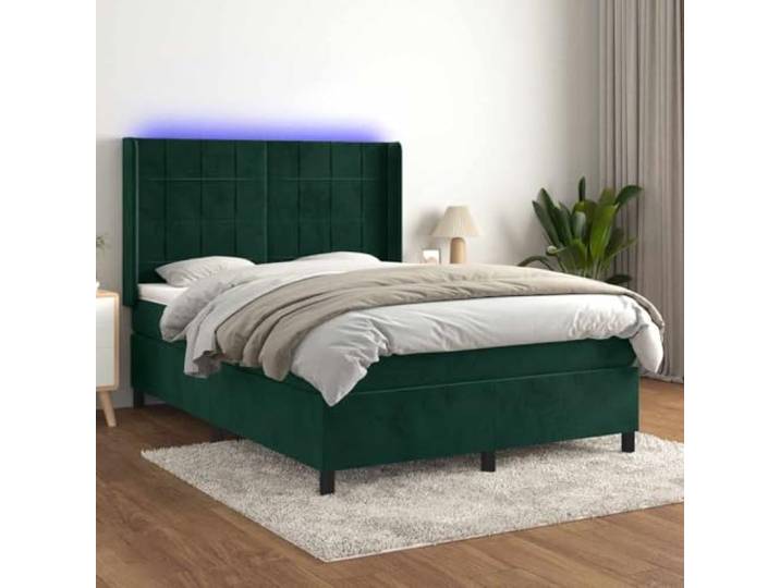 RJPLMFV Boxspringbett mit Matratze und LED, Dunkelgrün, 140 x 190 cm Kopfteil verstellbar, Taschenfedern, weicher Samt, inkl. Matratzenschoner