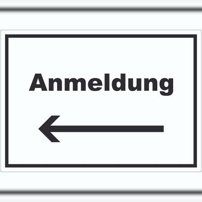 HB-Druck Anmeldung Aufkleber mit Text und Richtungspfeil links Aufnahme waagerecht A3 (297x420mm)
