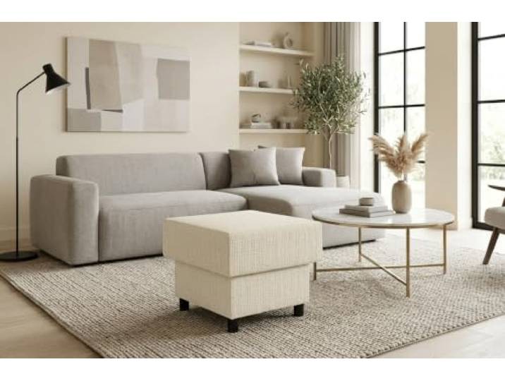 Family Meble Polsterhocker Komo Ramona – Fußhocker mit Stoff-Bezug und Stauraum – Hellbeige · Ramona 1