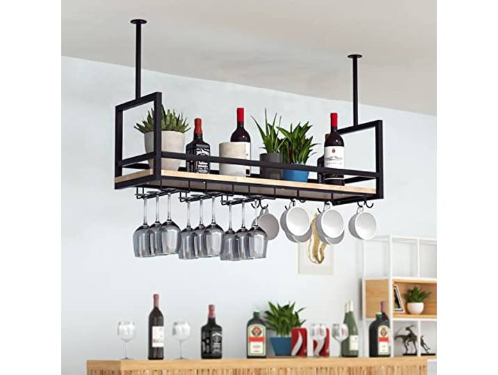 DSVONAUS Hängendes Weinregal und Weinglashalter - 120cm Weinregal aus Metall mit 2 Arten Glashalter und Leitplanke, Weinglasregal zur Deckenmontage, Flaschenhalter, perfekt für Bar-Café-Küche