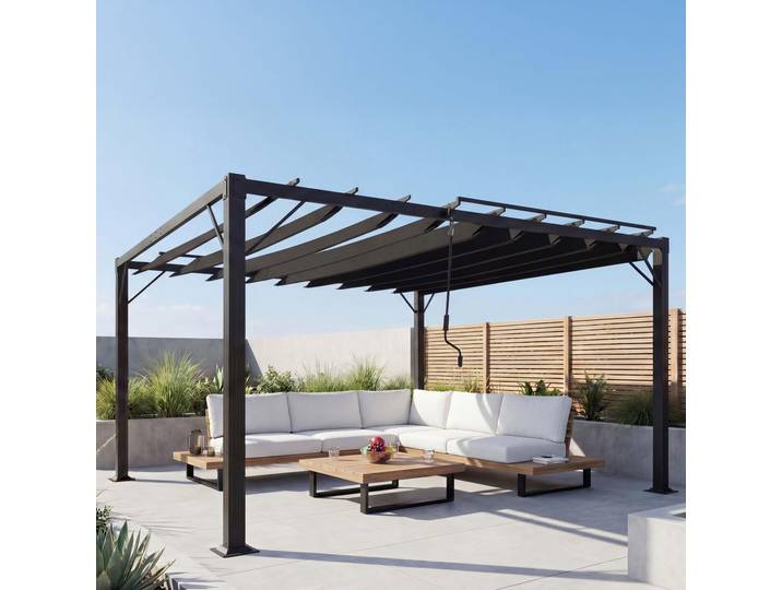 Pergola HWC-L40, Garten Lamellen-Pavillon Terrassenüberdachung, 8cm-Alu-Gestell Stoff/Textil, 3x4m anthrazit